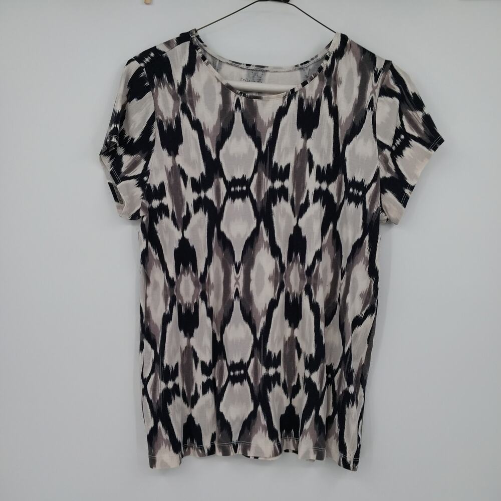 Relativity Abstract Ikat Print Blouse Women's Large Short Sleeve Black White